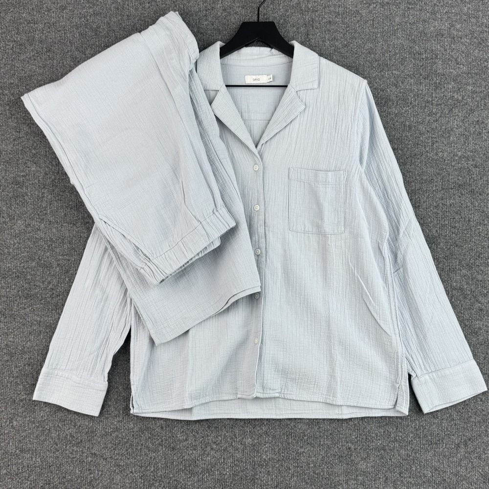 Onia Pajama Set Womens L Light Blue Cotton Gauze Shirt Pants Lounge Sleepwear